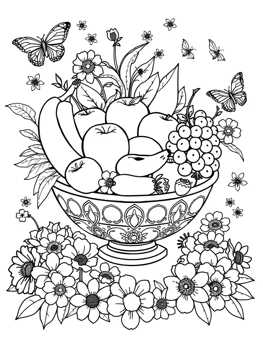 A fruit bowl filled with apples, bananas, grapes, and strawberries, surrounded by flowers and butterflies