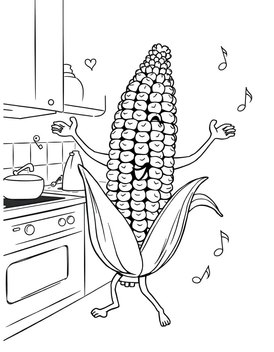 A corn cob with animated kernels dancing around it, dancing in a kitchen with music notes around