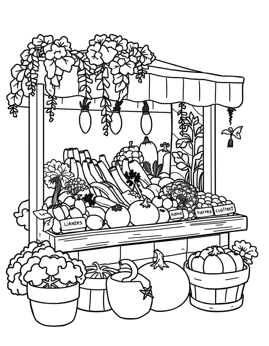 A scene showing vegetables at a farmer’s market stand, with labels showing their names for learning