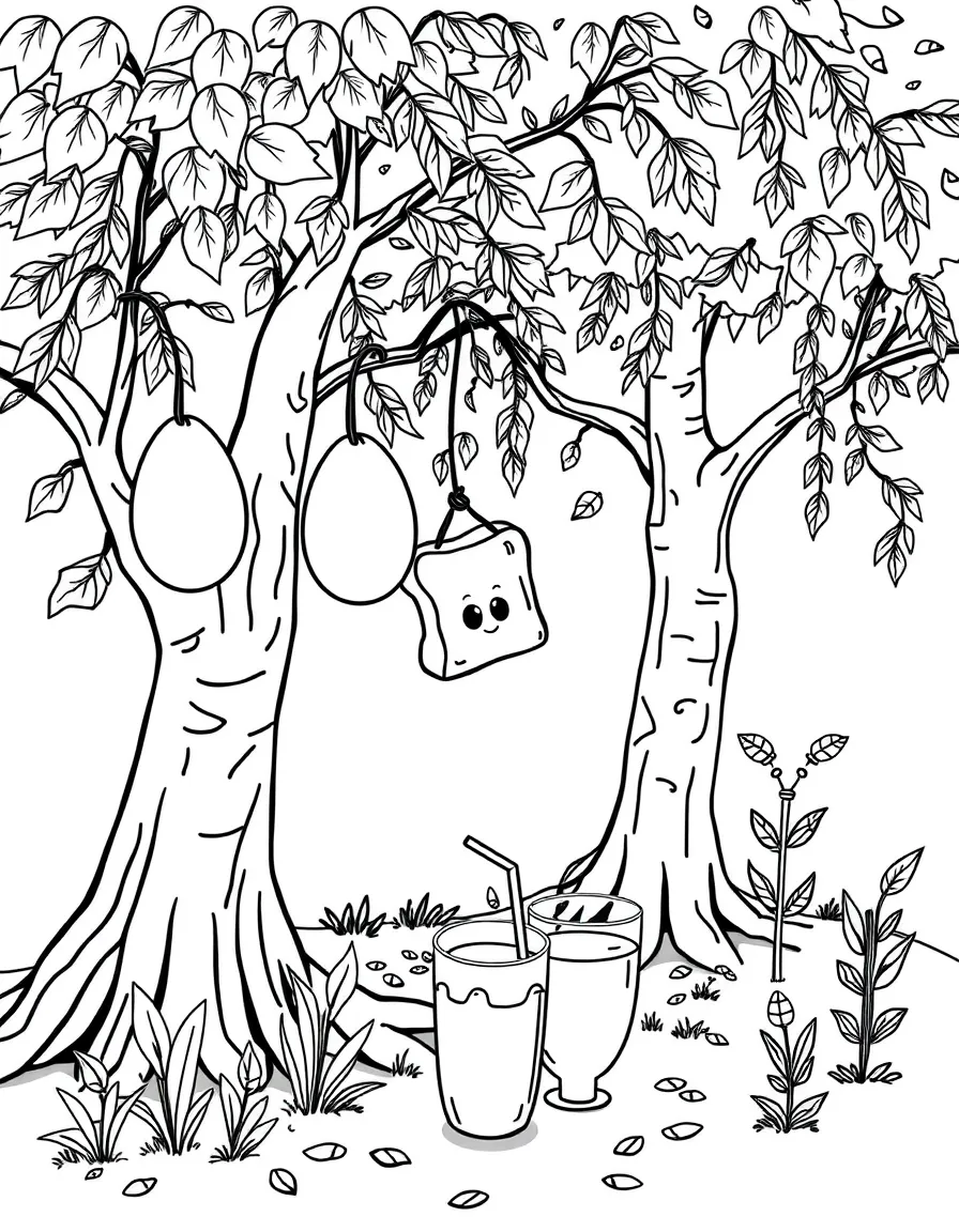 A breakfast scene with eggs, toast, and juice characters, hanging from trees or growing in the ground