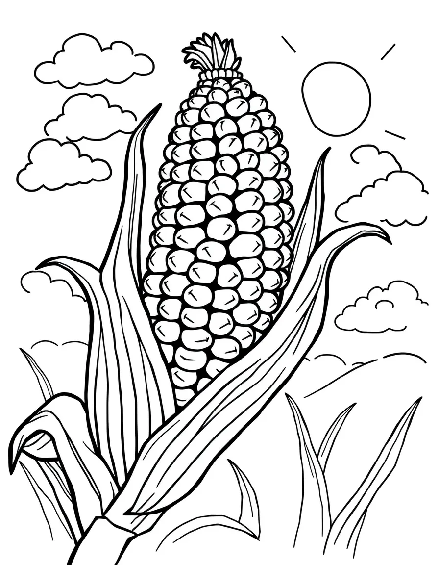 A corn cob with animated kernels dancing around it, with a background of clouds and sunshine