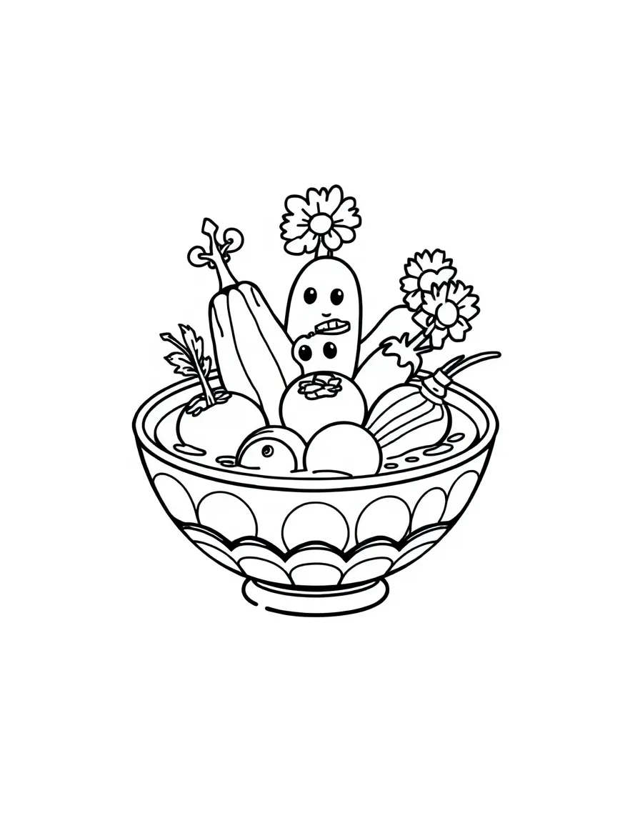 A bowl of soup with vegetable characters floating in it, stacked in a colorful rainbow pattern