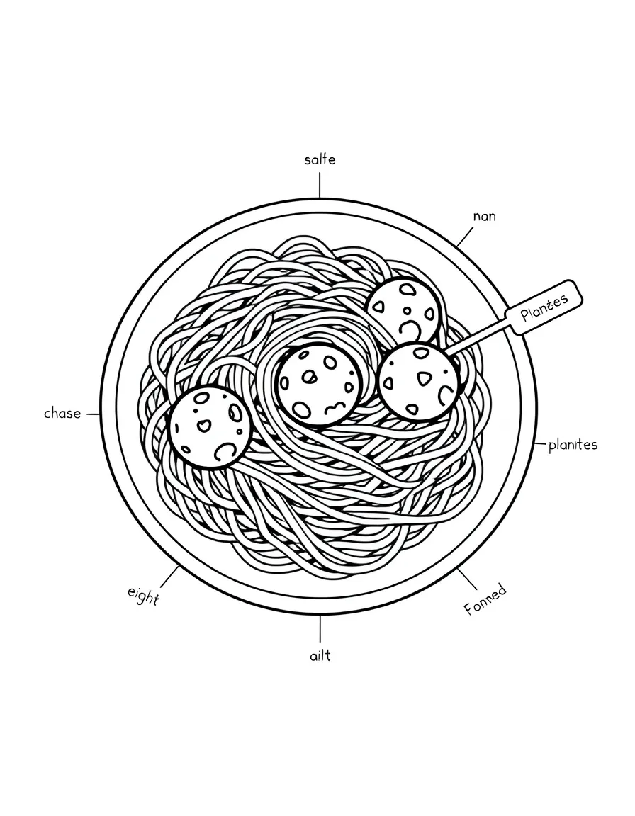 A spaghetti plate with meatballs acting like planets in orbit, with labels showing their names for learning