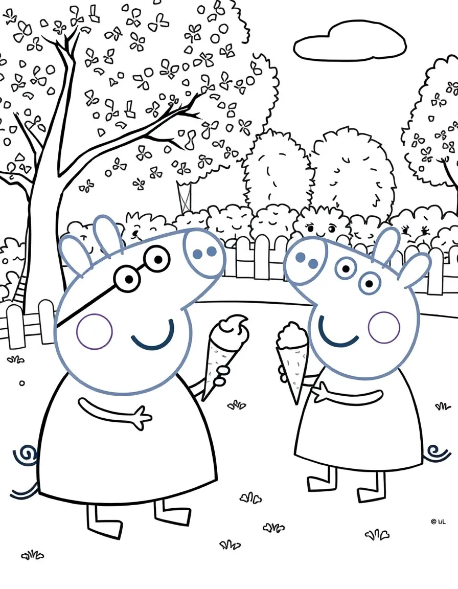 Peppa Pig enjoying a day off, eating ice cream or playing with friends in a park setting.