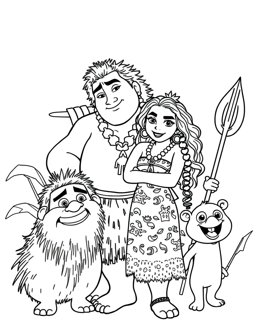 A group coloring page featuring Maui with other characters from the same show or movie.