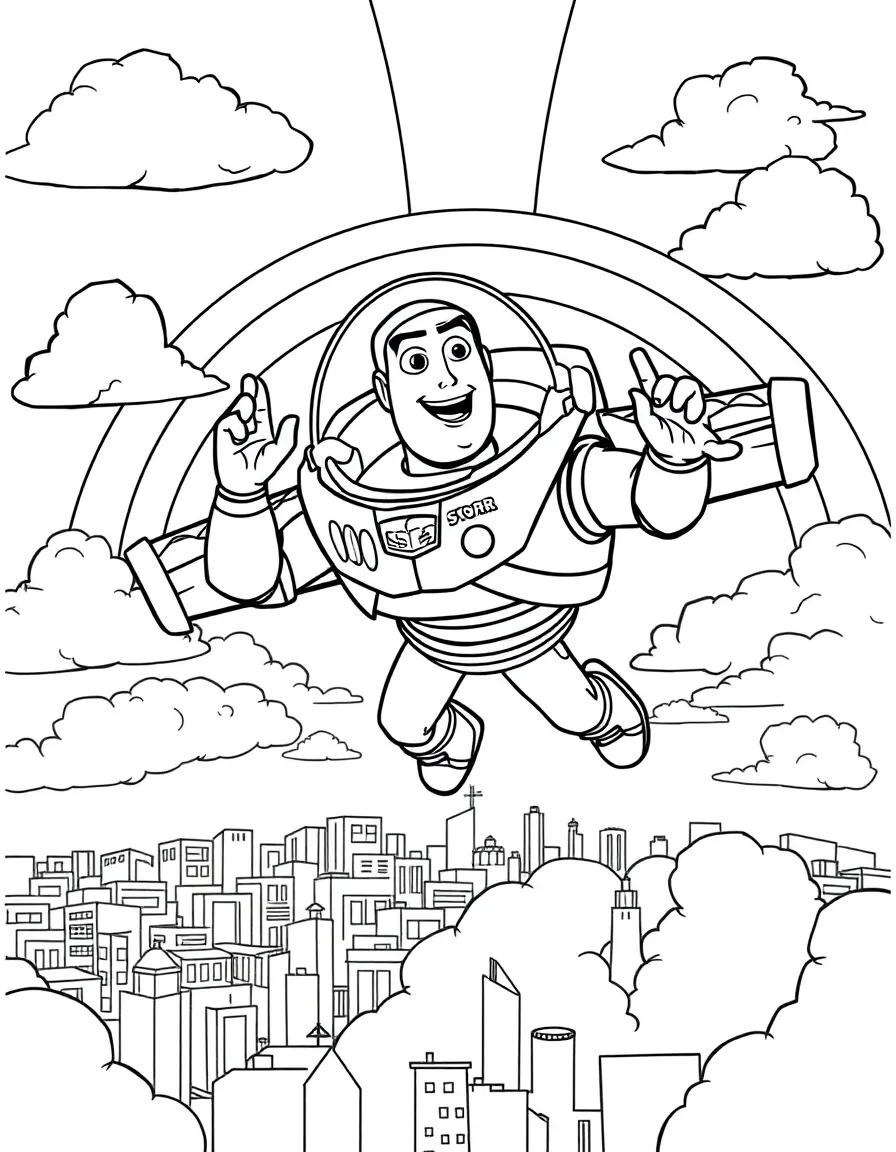 Toy Story flying through the clouds with a rainbow behind and city skyline below.