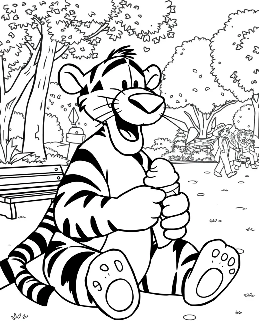 Tigger enjoying a day off, eating ice cream or playing with friends in a park setting.