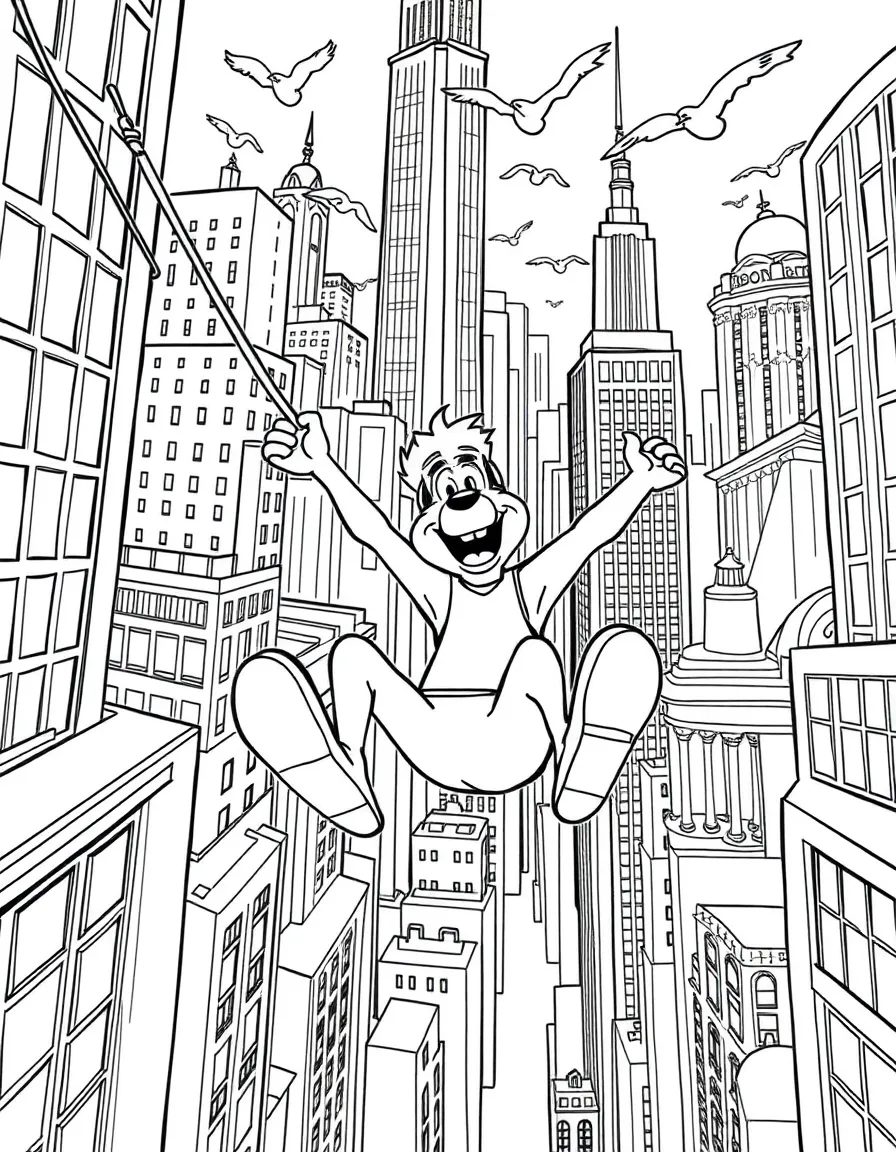 A fun and detailed coloring page of Shaggy swinging through a city full of tall buildings and birds.