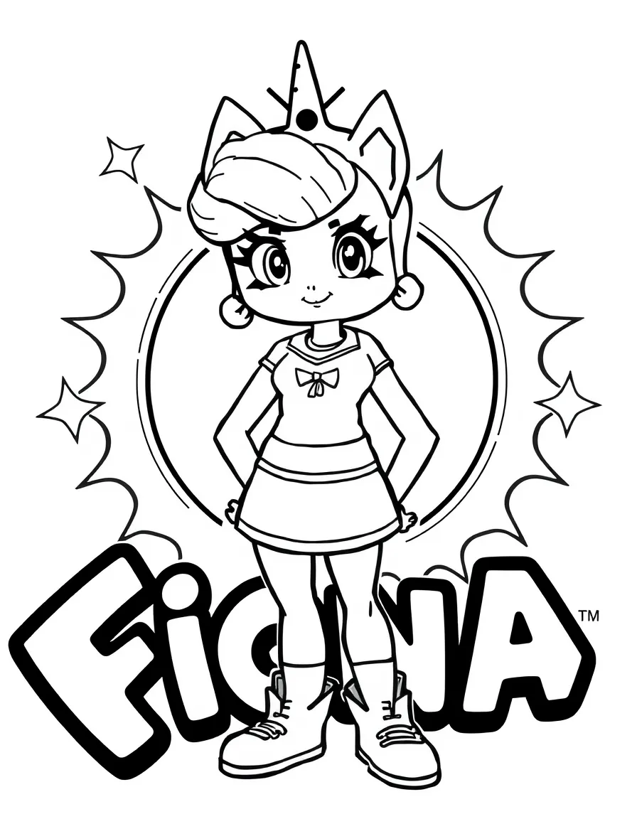 Fiona standing proudly in front of their iconic logo with stars and comic-style effects around.