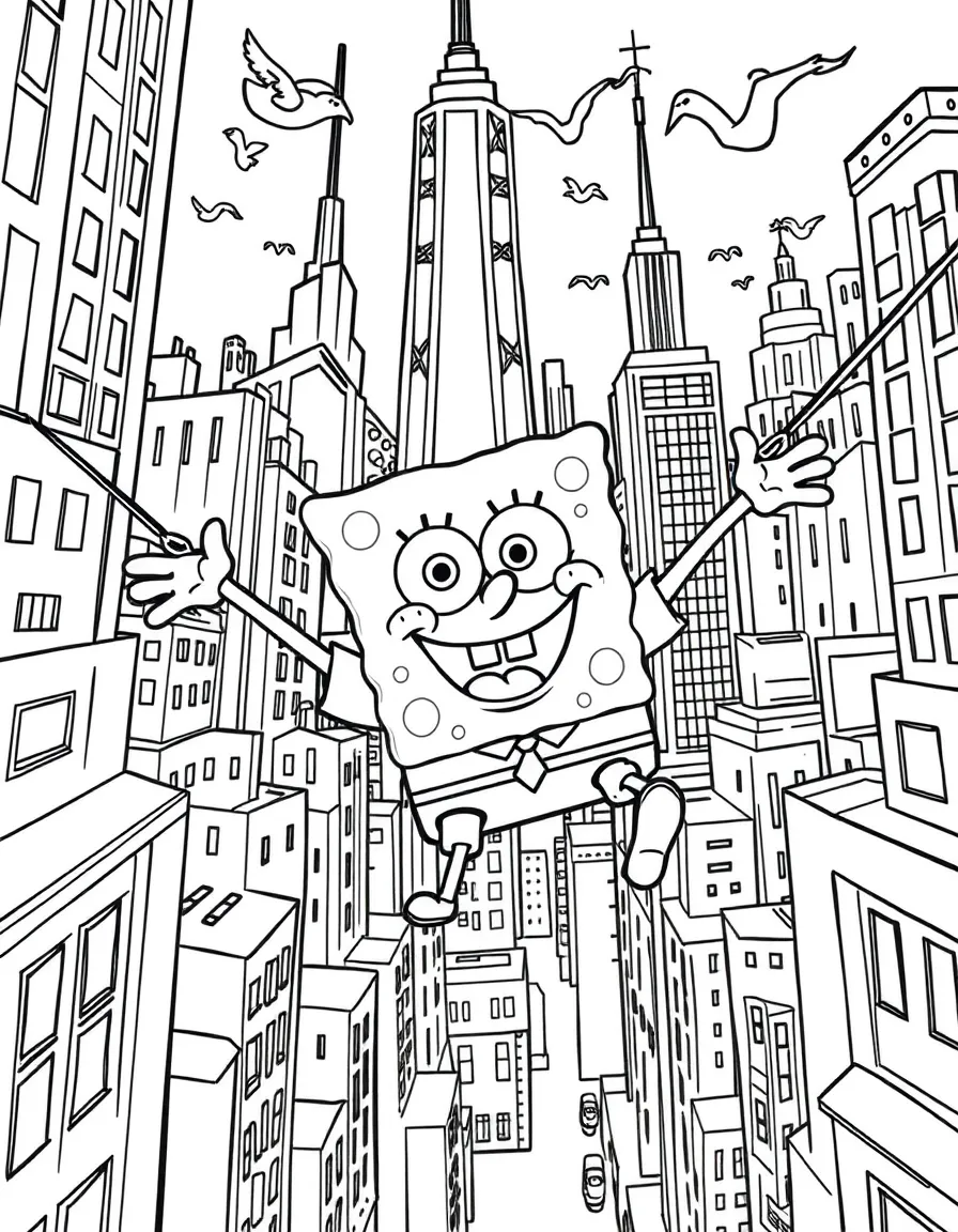 A fun and detailed coloring page of SpongeBob SquarePants swinging through a city full of tall buildings and birds.
