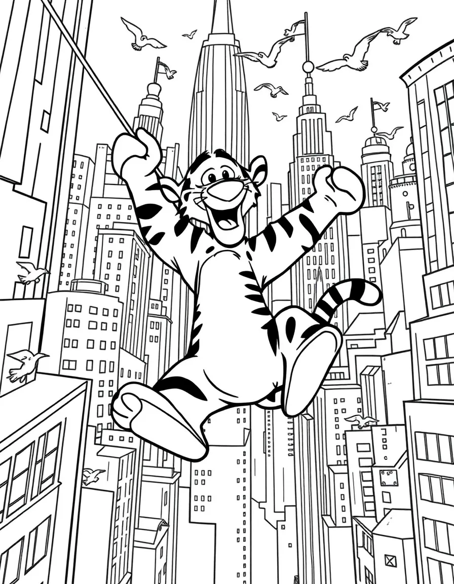 A fun and detailed coloring page of Tigger swinging through a city full of tall buildings and birds.
