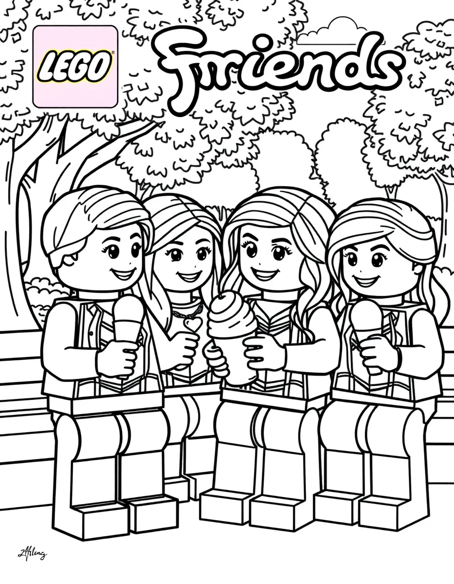 Lego Friends enjoying a day off, eating ice cream or playing with friends in a park setting.