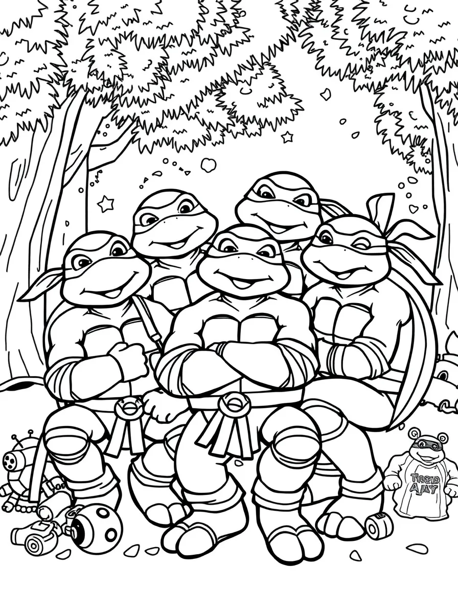 Teenage Mutant Ninja Turtles smiling and posing with their sidekicks, surrounded by trees, toys, or fun backgrounds.