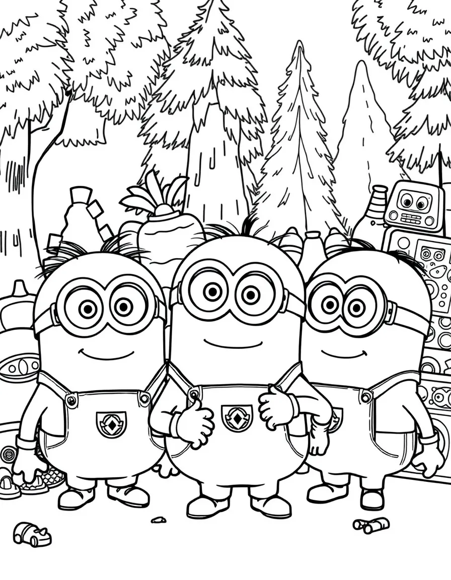 Minions smiling and posing with their sidekicks, surrounded by trees, toys, or fun backgrounds.