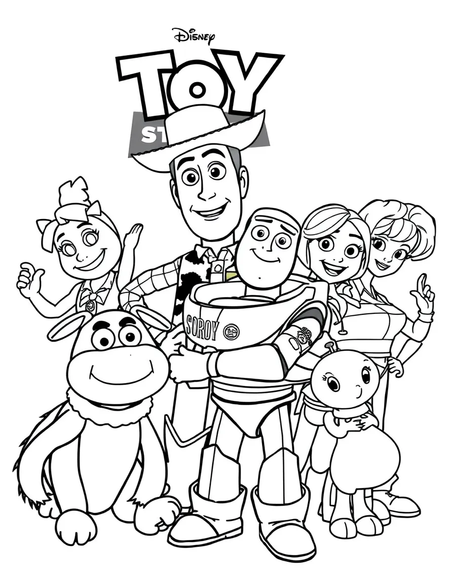 A group coloring page featuring Toy Story with other characters from the same show or movie.