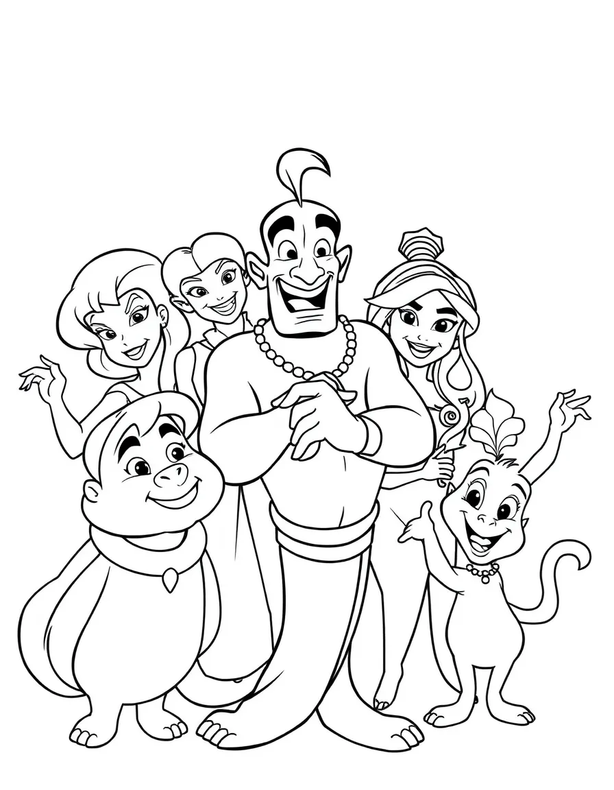 A group coloring page featuring Genie with other characters from the same show or movie.