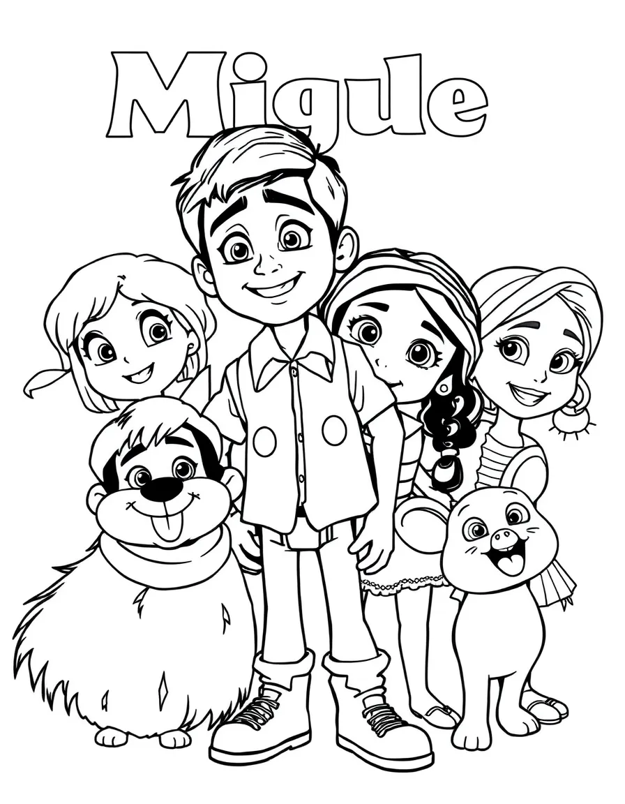 A group coloring page featuring Miguel with other characters from the same show or movie.