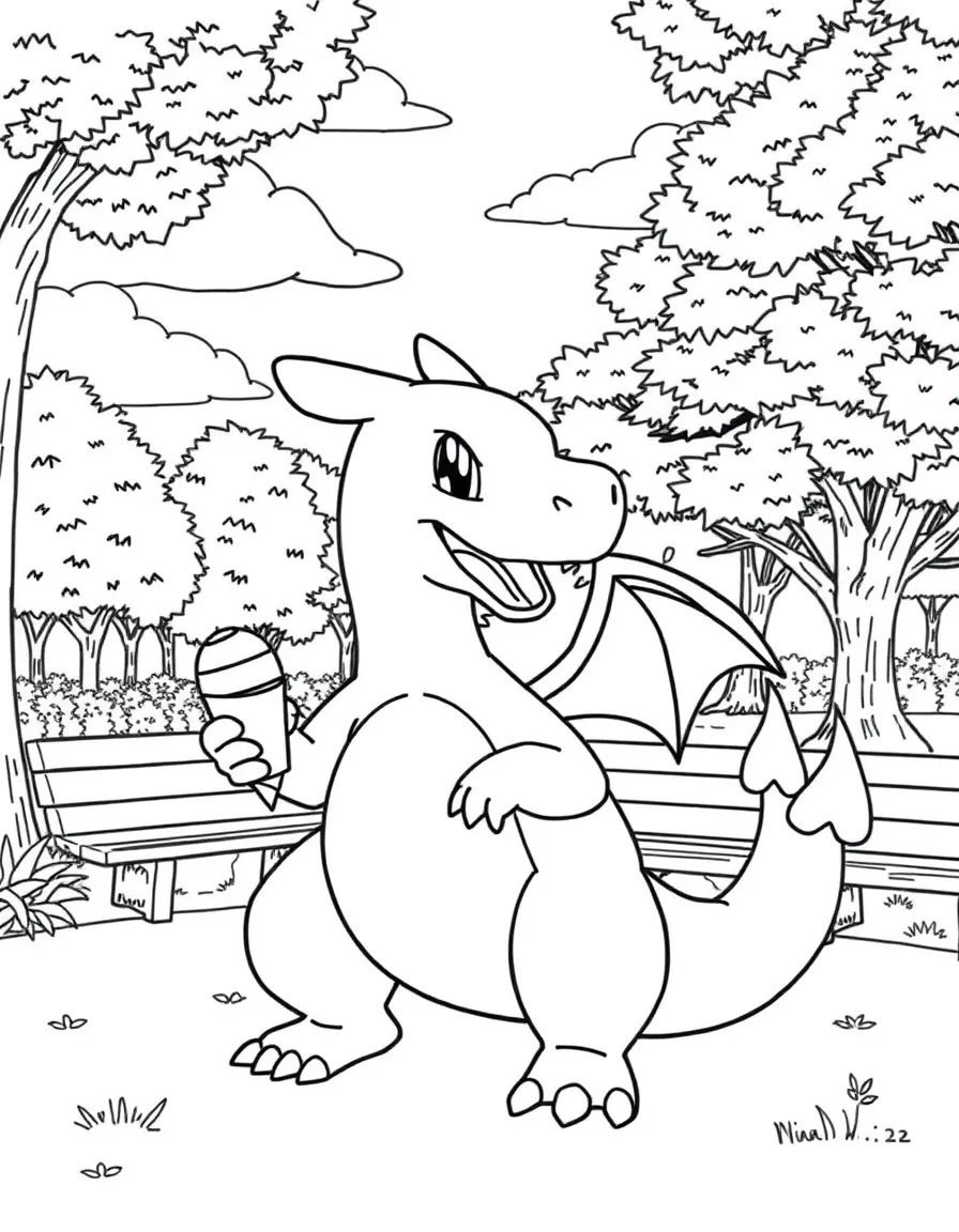 Charizard enjoying a day off, eating ice cream or playing with friends in a park setting.
