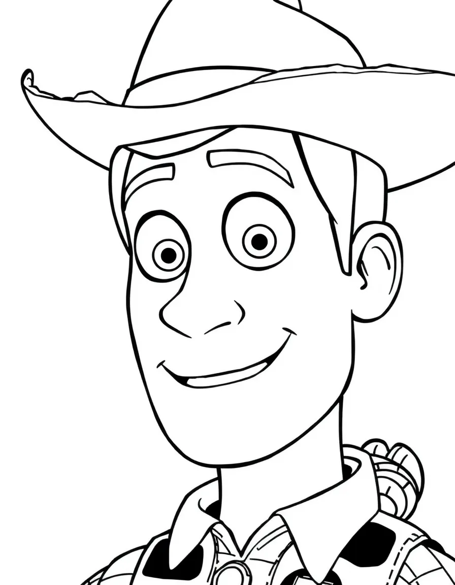 A close-up of Woody's face in bold lines with expressive eyes and detailed costume elements.