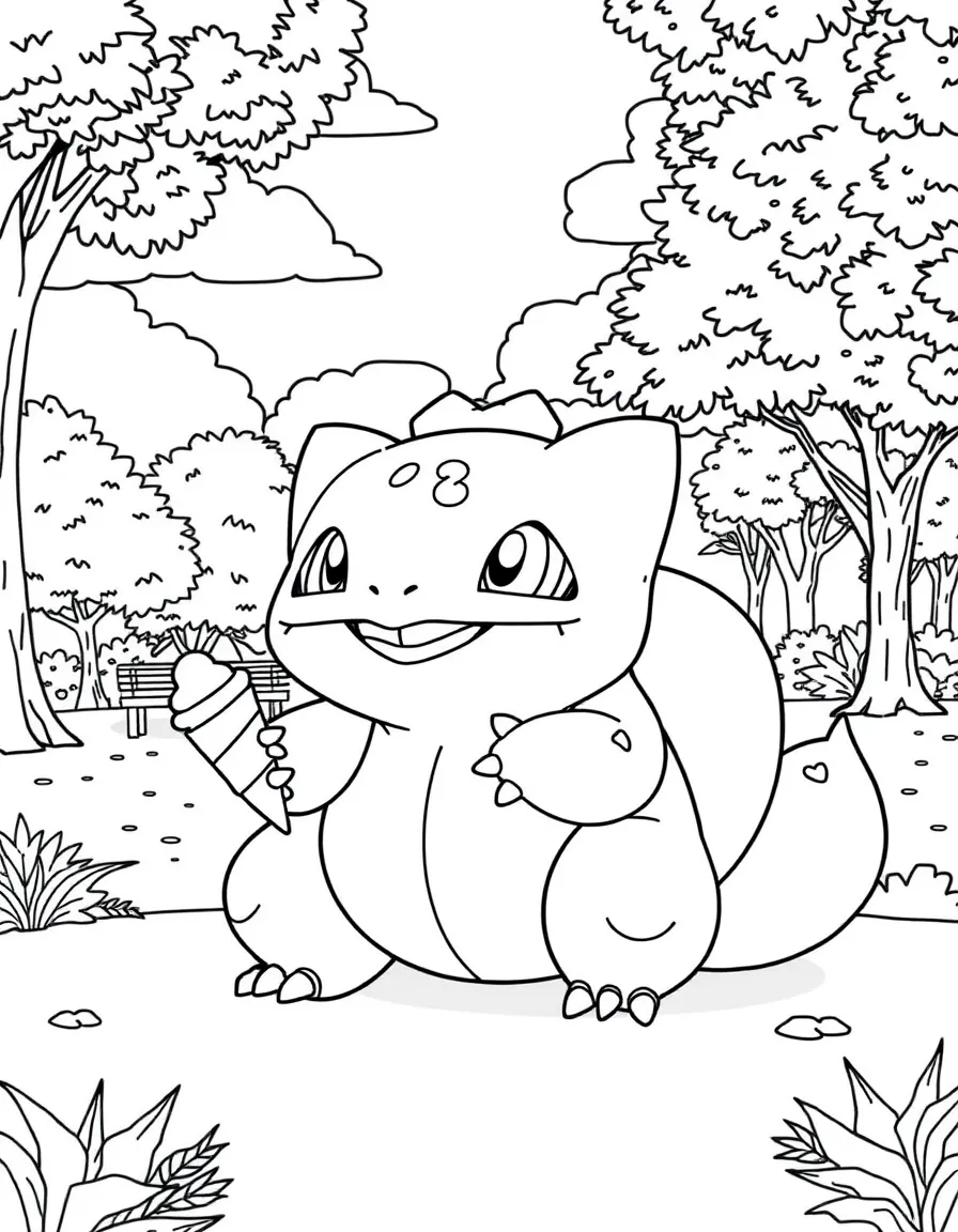 Bulbasaur enjoying a day off, eating ice cream or playing with friends in a park setting.