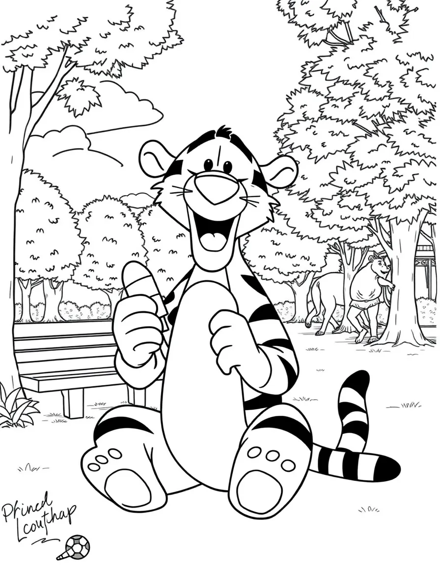 Tigger enjoying a day off, eating ice cream or playing with friends in a park setting.