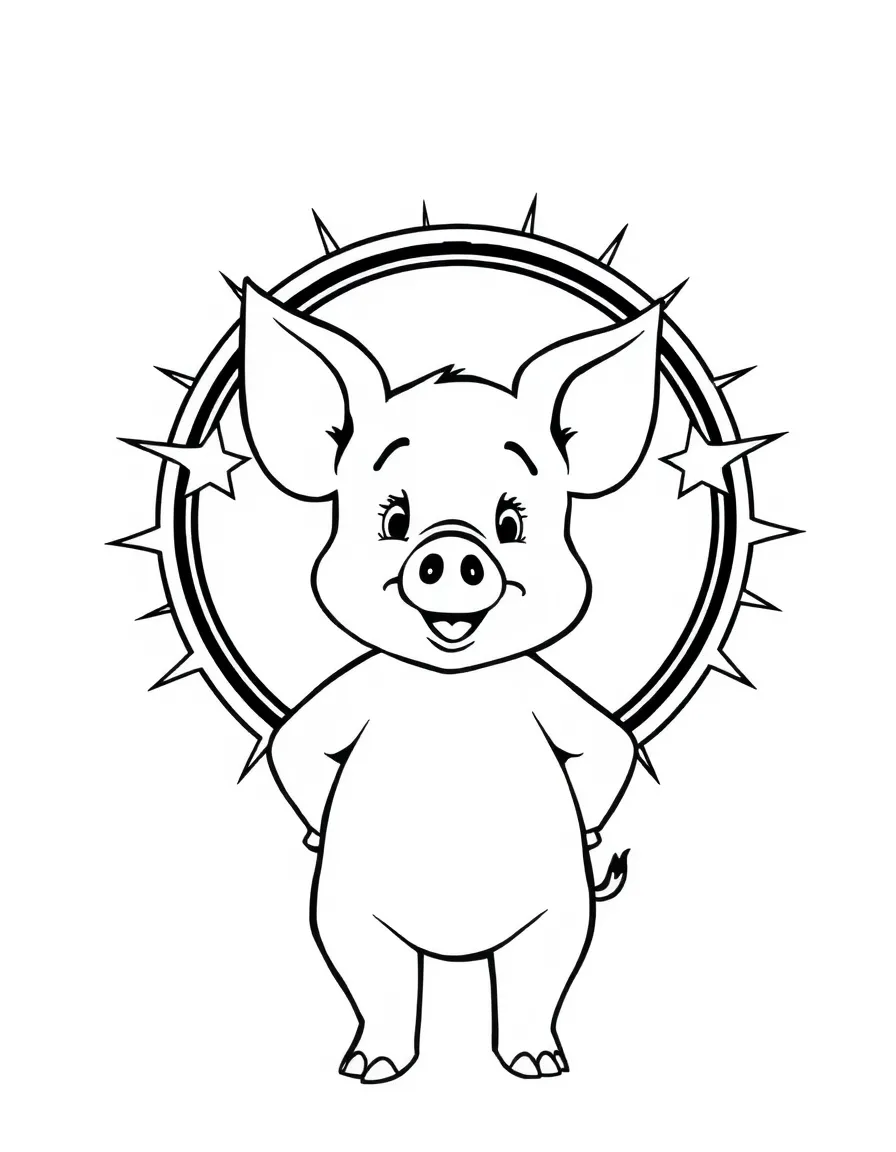 Piglet standing proudly in front of their iconic logo with stars and comic-style effects around.