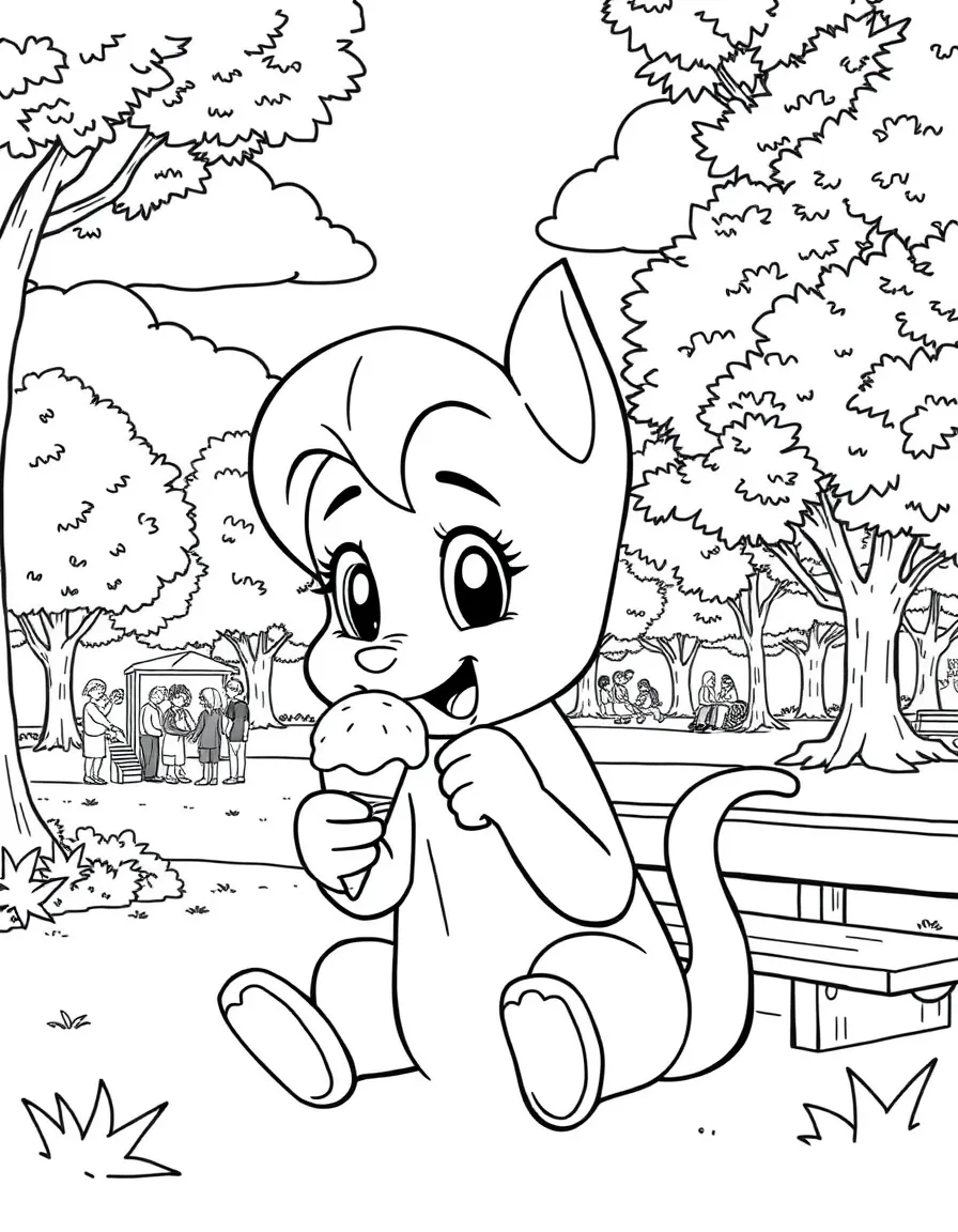 Skye enjoying a day off, eating ice cream or playing with friends in a park setting.