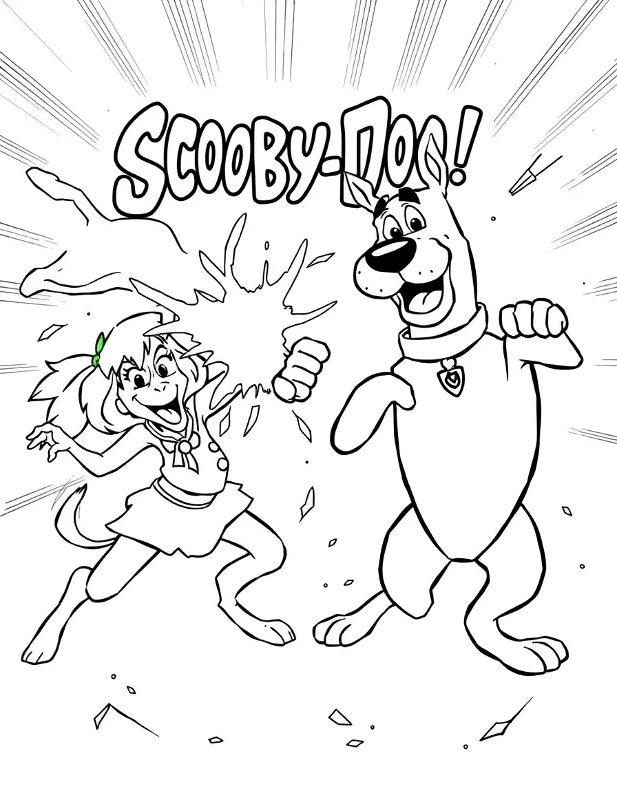 An action-packed scene of Scooby-Doo using their special powers in a dramatic battle pose.