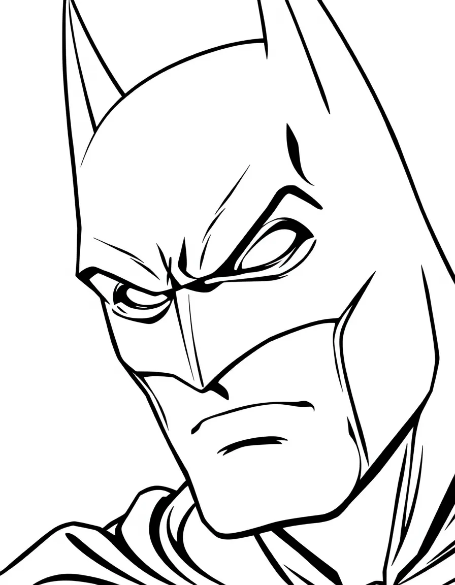 A close-up of Batman's face in bold lines with expressive eyes and detailed costume elements.