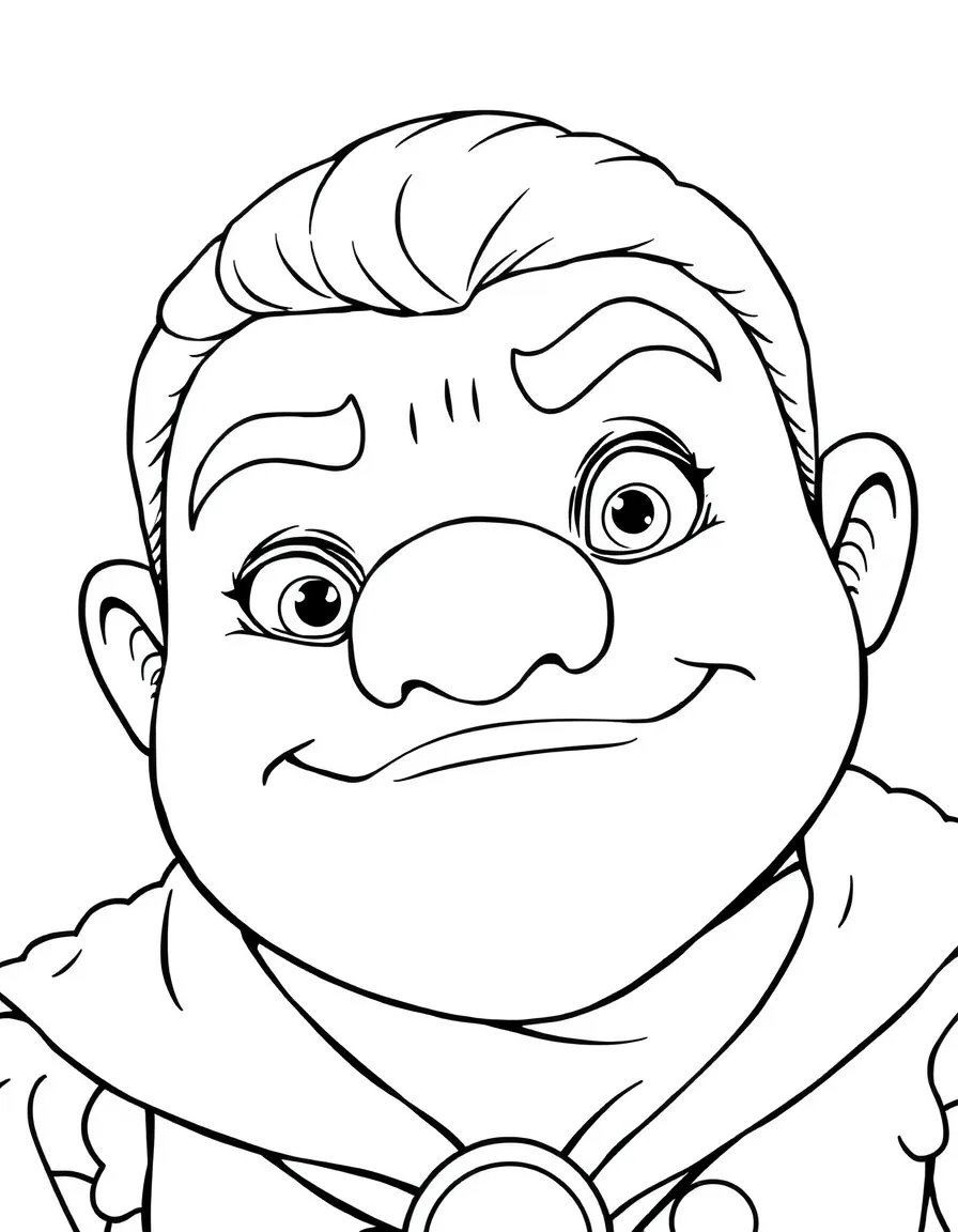 A close-up of Po's face in bold lines with expressive eyes and detailed costume elements.