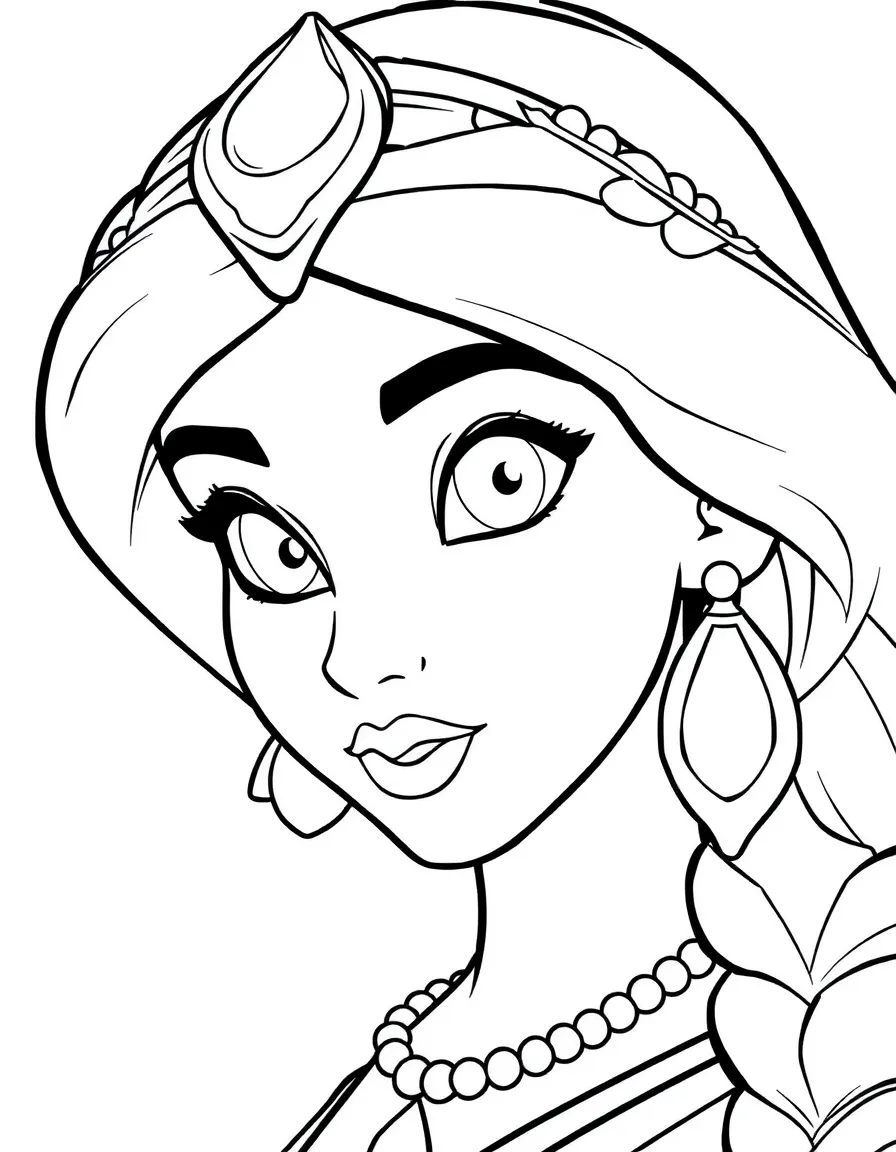 A close-up of Jasmine's face in bold lines with expressive eyes and detailed costume elements.
