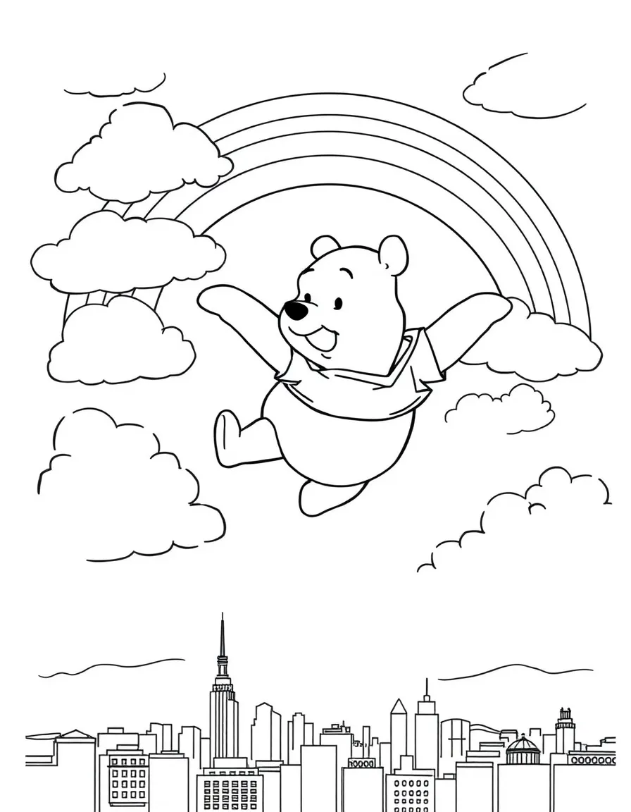 Winnie the Pooh flying through the clouds with a rainbow behind and city skyline below.