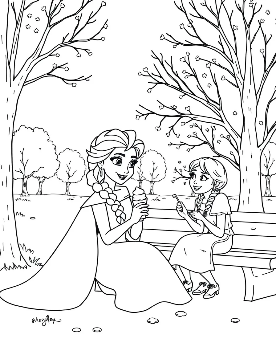 Frozen enjoying a day off, eating ice cream or playing with friends in a park setting.