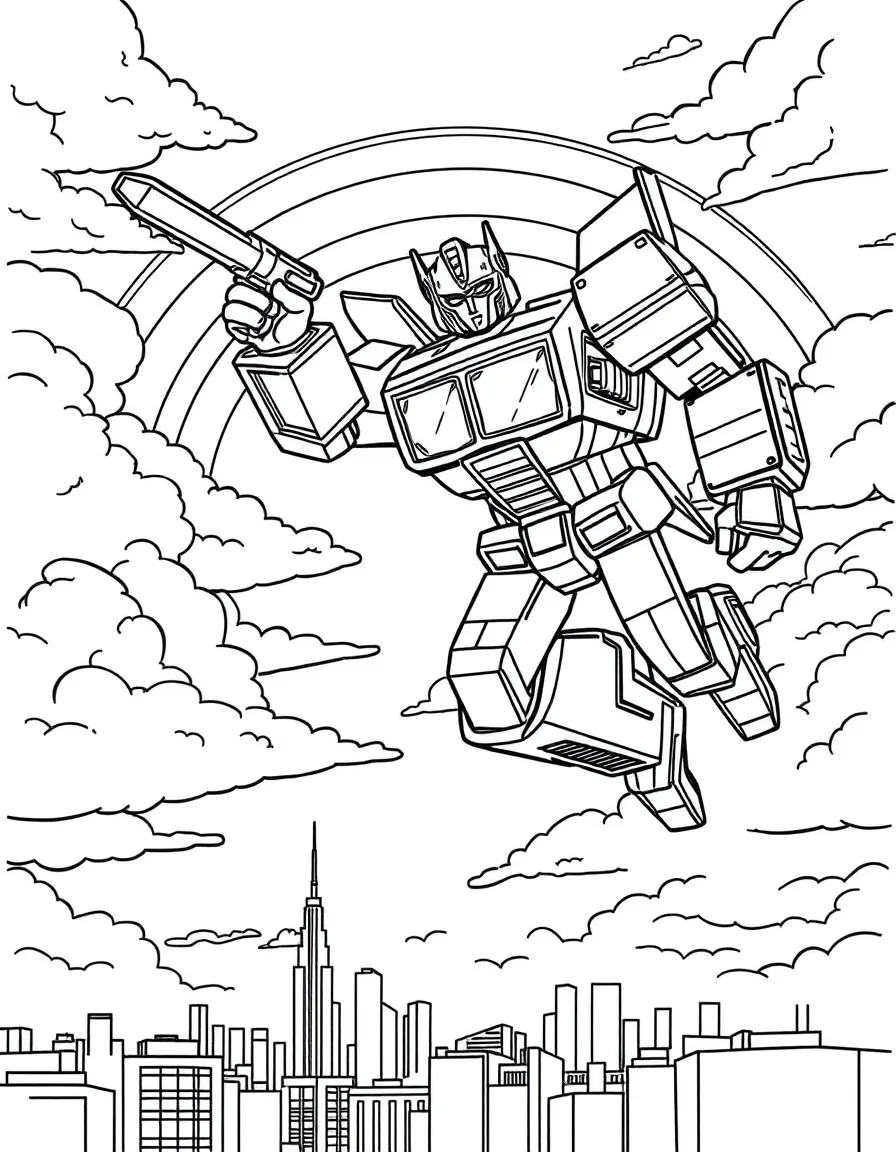 Transformers flying through the clouds with a rainbow behind and city skyline below.