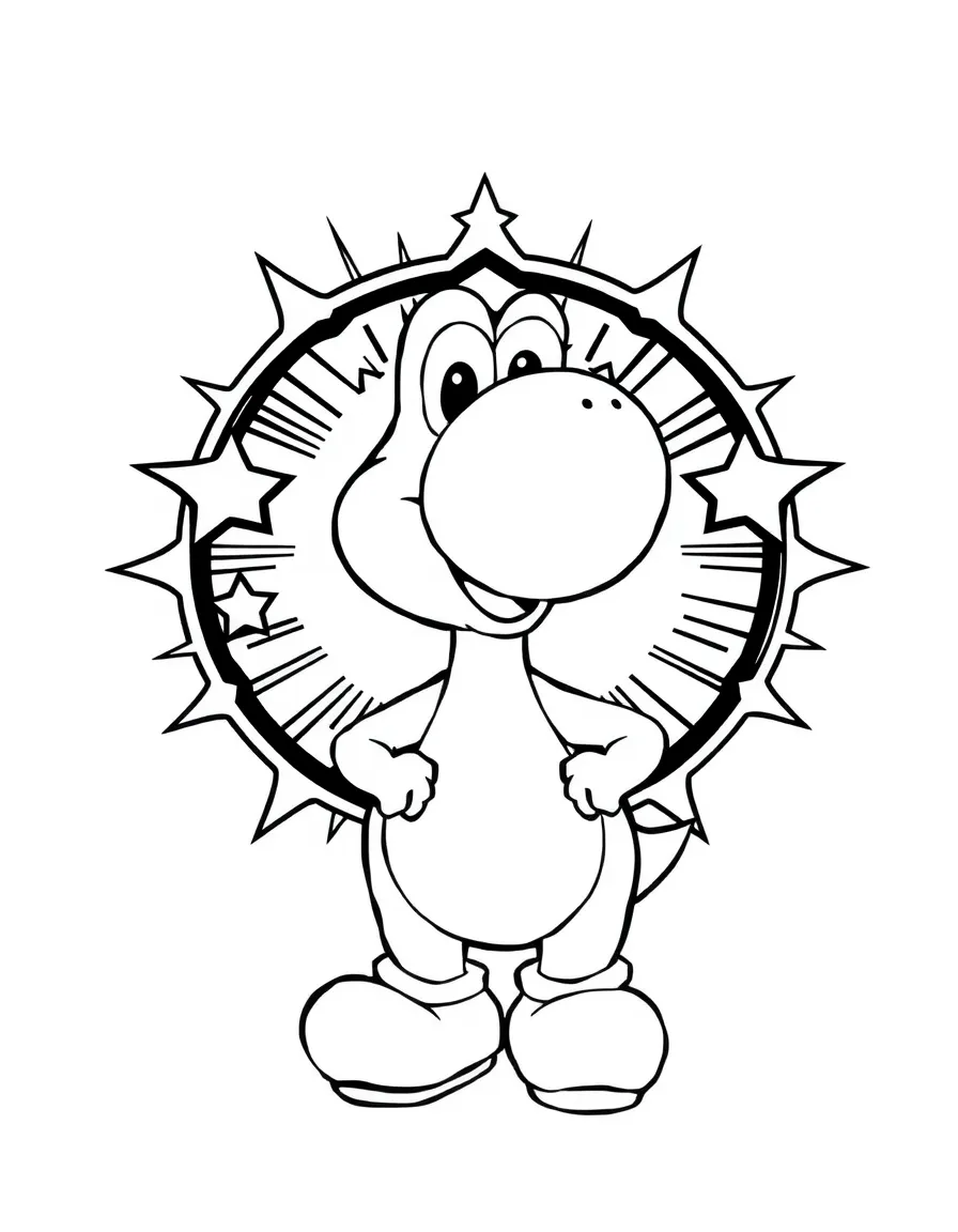 Yoshi standing proudly in front of their iconic logo with stars and comic-style effects around.