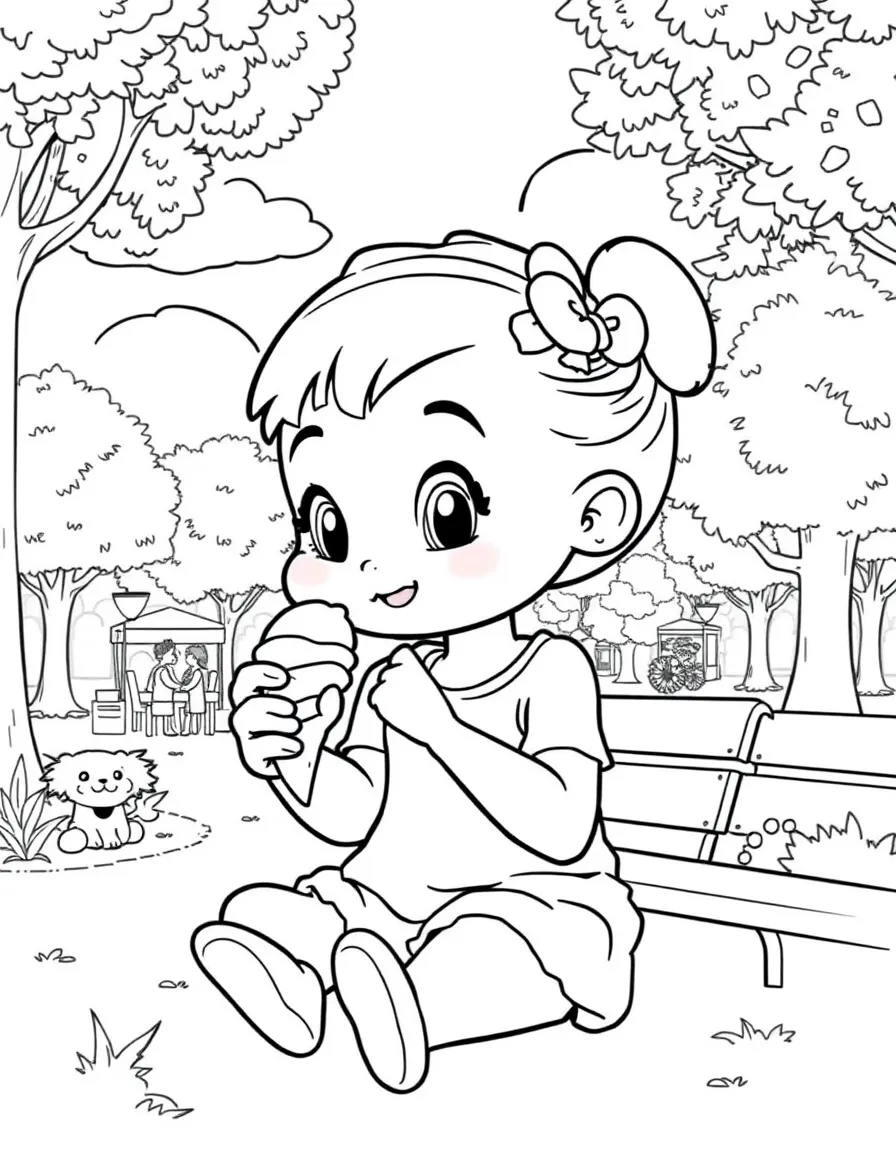 Coco enjoying a day off, eating ice cream or playing with friends in a park setting.