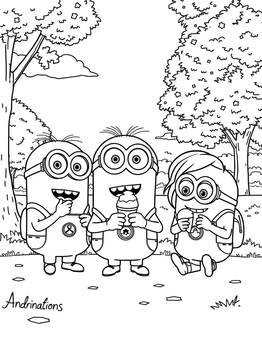 Despicable Me enjoying a day off, eating ice cream or playing with friends in a park setting.