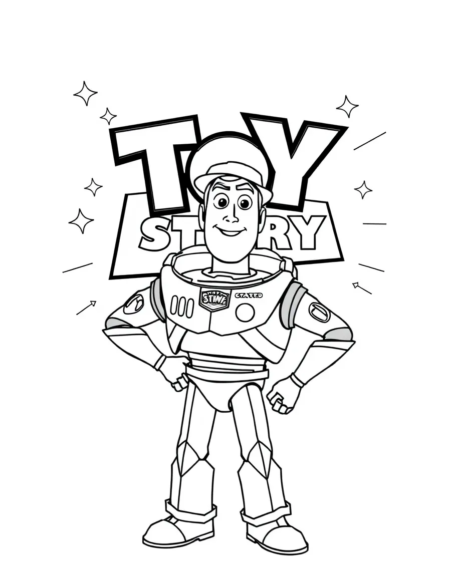 Toy Story standing proudly in front of their iconic logo with stars and comic-style effects around.