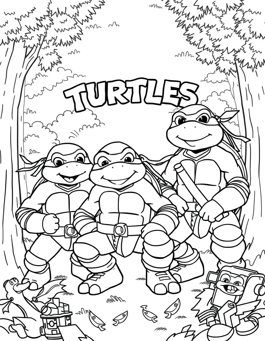 Teenage Mutant Ninja Turtles smiling and posing with their sidekicks, surrounded by trees, toys, or fun backgrounds.