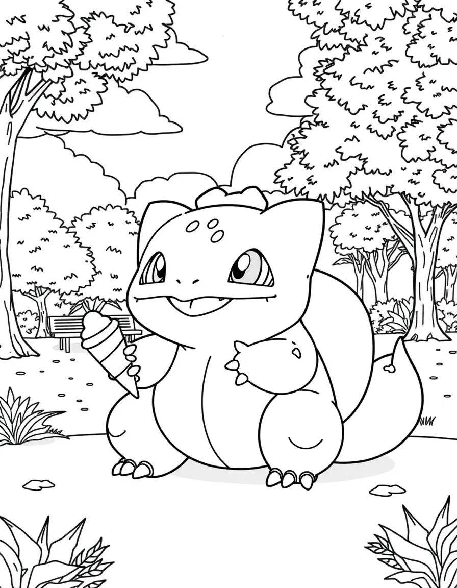 Bulbasaur enjoying a day off, eating ice cream or playing with friends in a park setting.