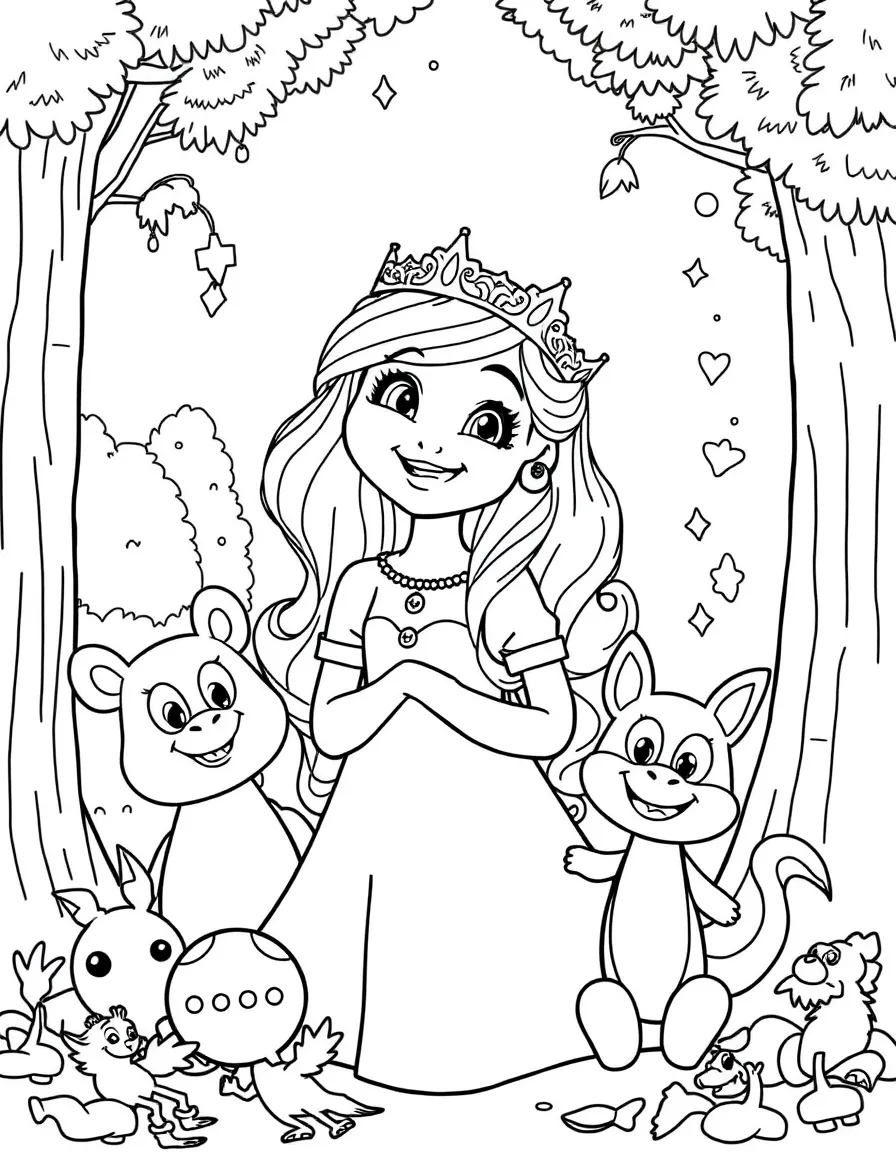 Fiona smiling and posing with their sidekicks, surrounded by trees, toys, or fun backgrounds.