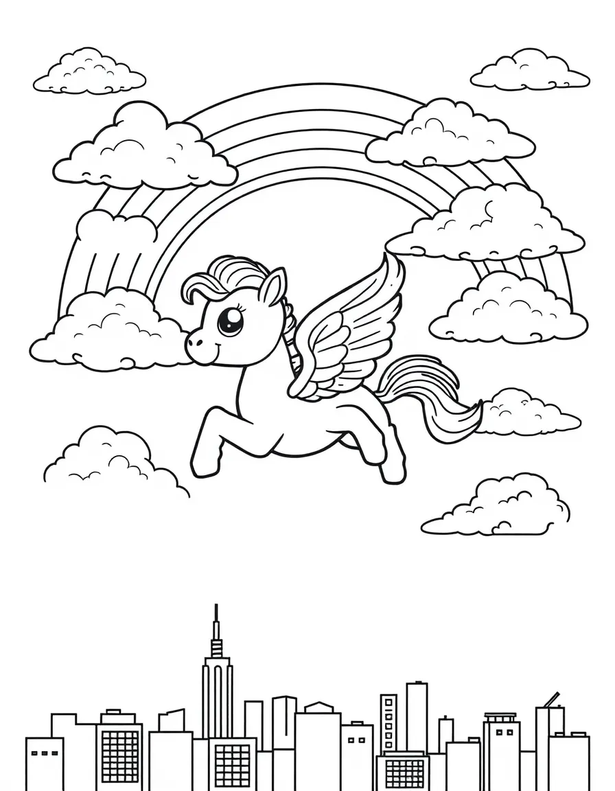 Po flying through the clouds with a rainbow behind and city skyline below.