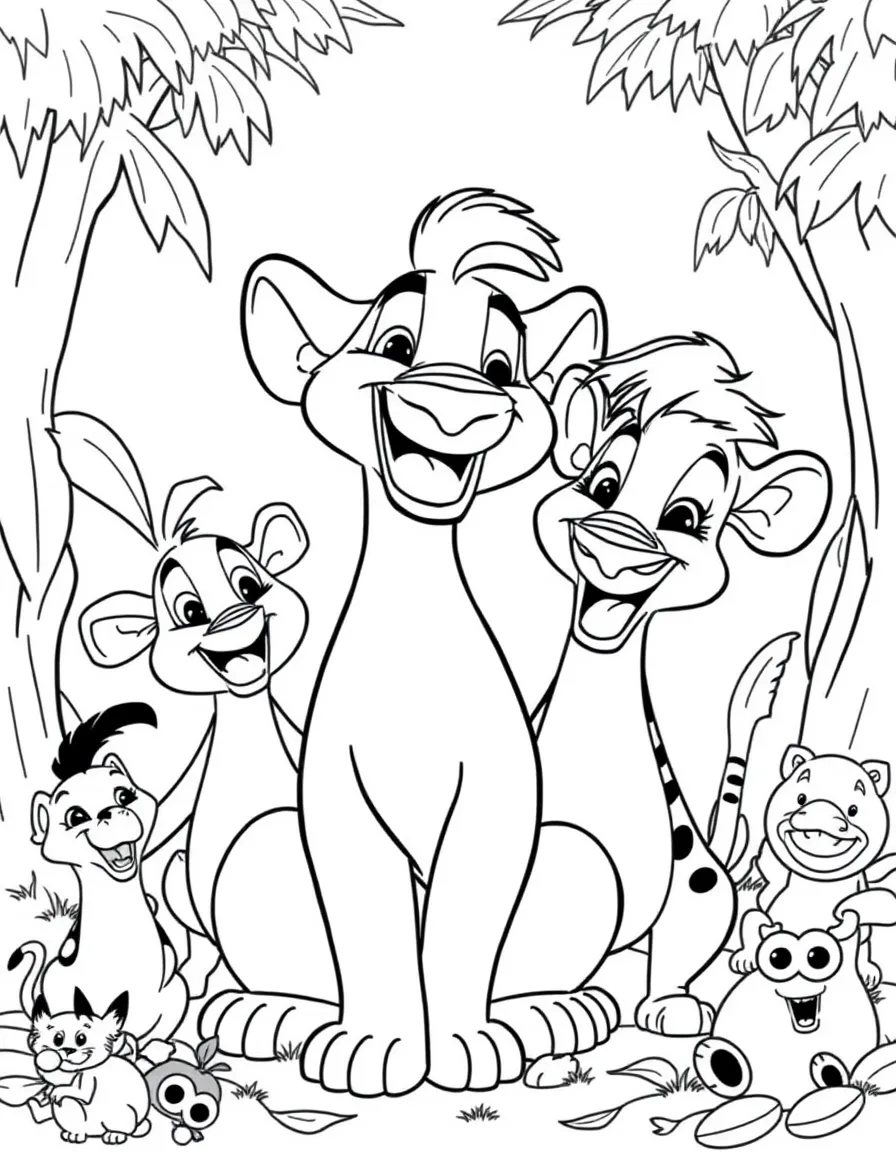 Pumbaa smiling and posing with their sidekicks, surrounded by trees, toys, or fun backgrounds.