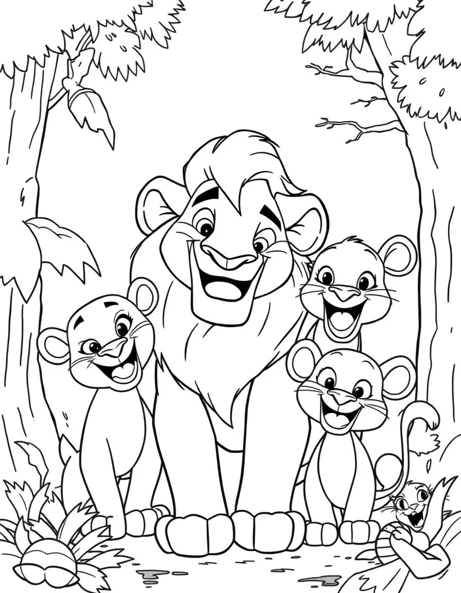 The Lion King smiling and posing with their sidekicks, surrounded by trees, toys, or fun backgrounds.