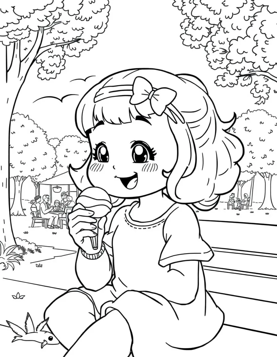 Mirabel enjoying a day off, eating ice cream or playing with friends in a park setting.