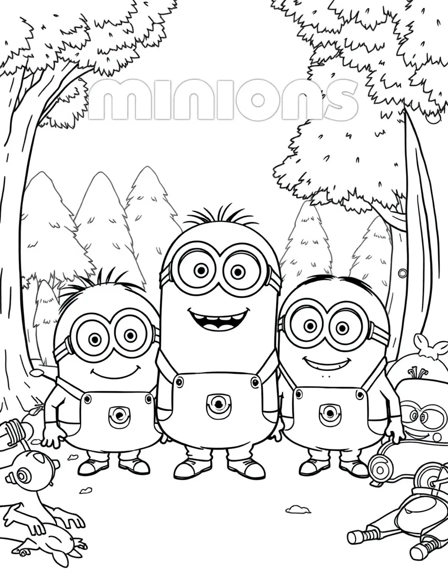 Minions smiling and posing with their sidekicks, surrounded by trees, toys, or fun backgrounds.