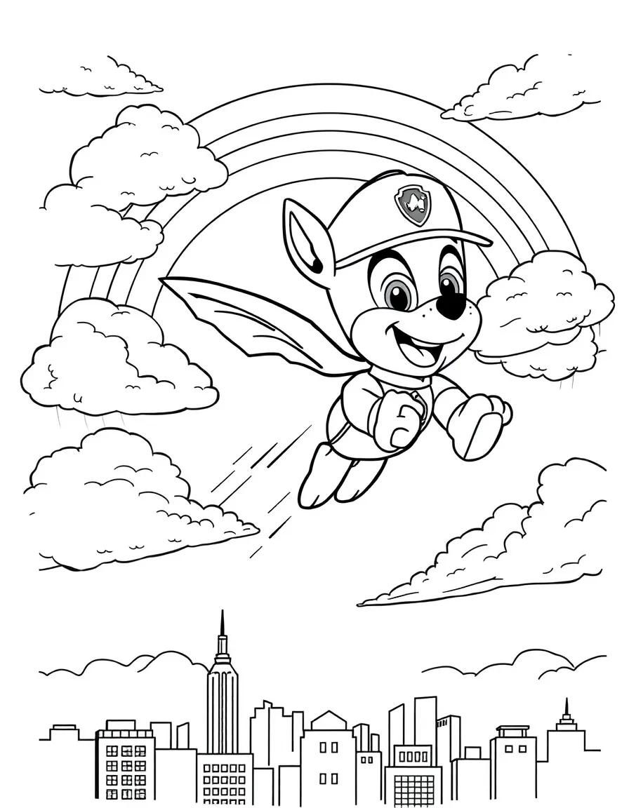 Chase flying through the clouds with a rainbow behind and city skyline below.