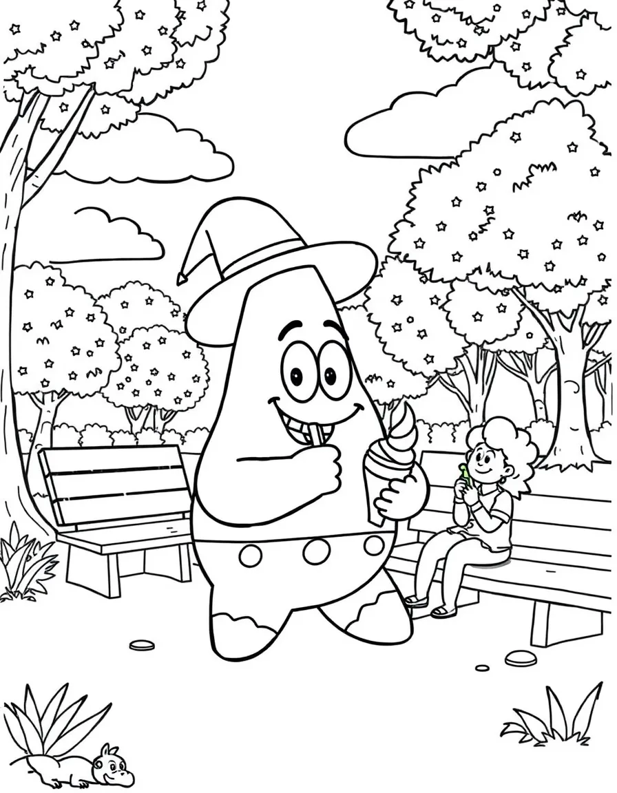 Patrick Star enjoying a day off, eating ice cream or playing with friends in a park setting.