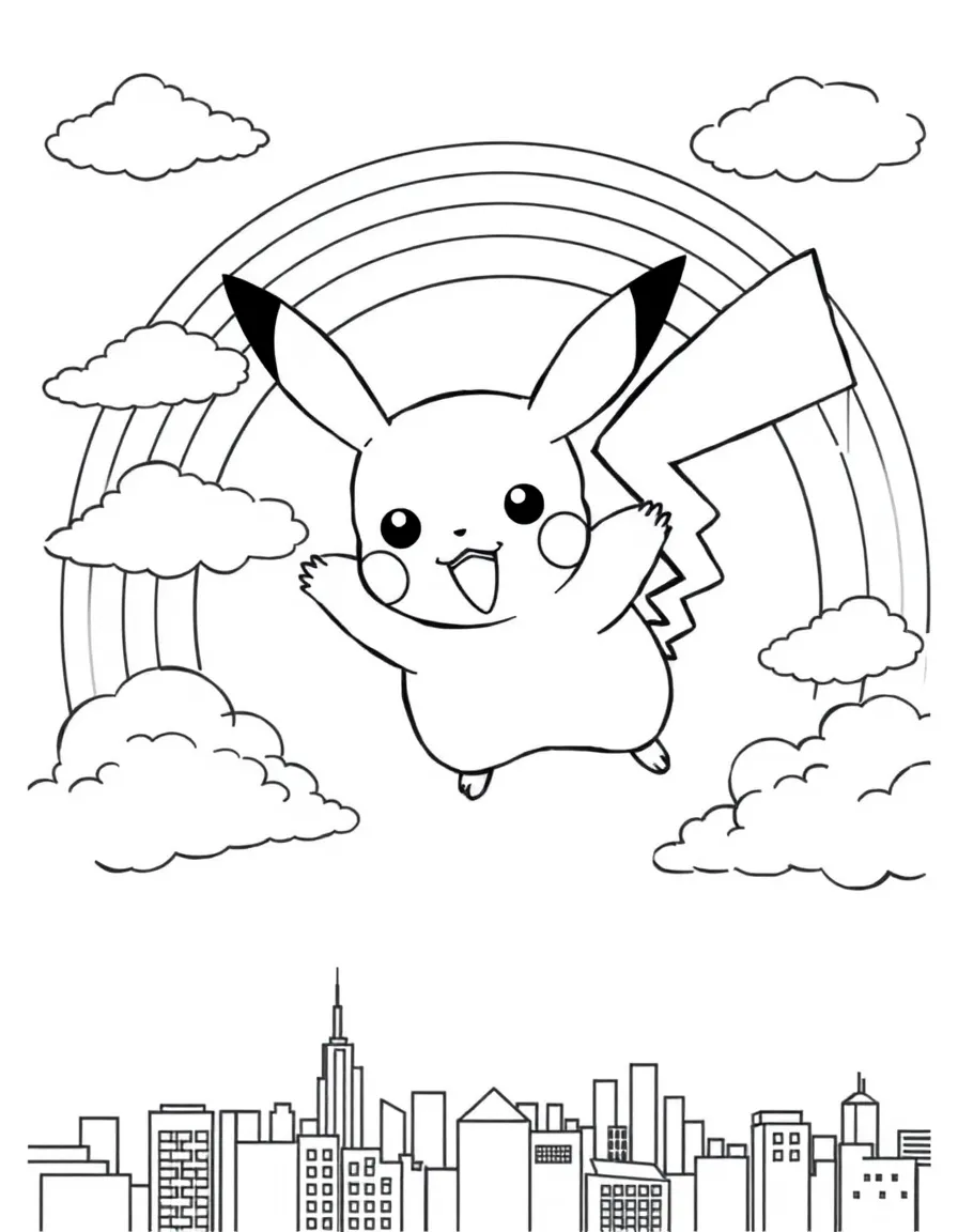 Pikachu flying through the clouds with a rainbow behind and city skyline below.
