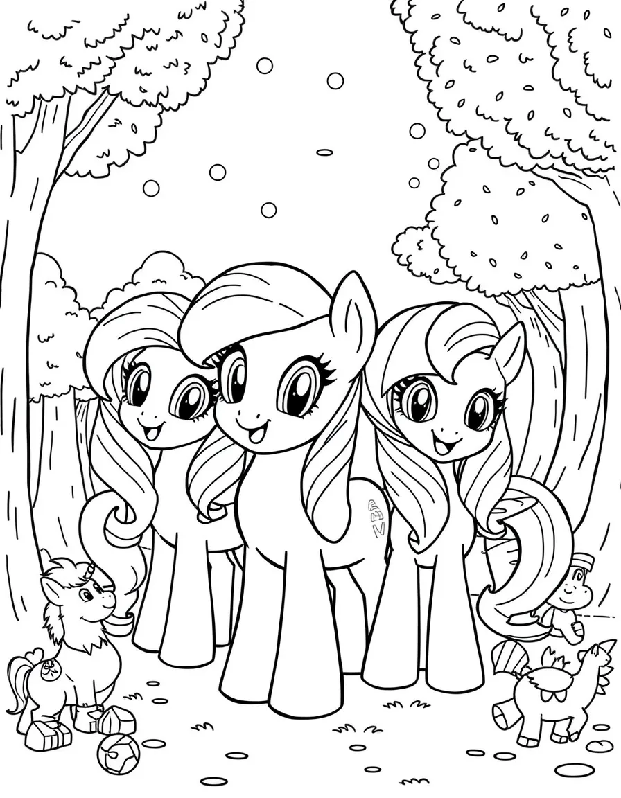 My Little Pony smiling and posing with their sidekicks, surrounded by trees, toys, or fun backgrounds.
